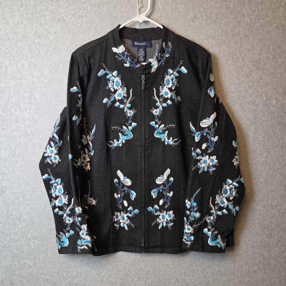 Denim & Co. Black Floral Embroidered LS Zip Up Denim Jacket Women's Lrg Stretch